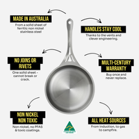 nöni key features: made in Australia, cool handles, no joins or rivets, multi-century warranty, non-nickel non-toxic, all heat sources.