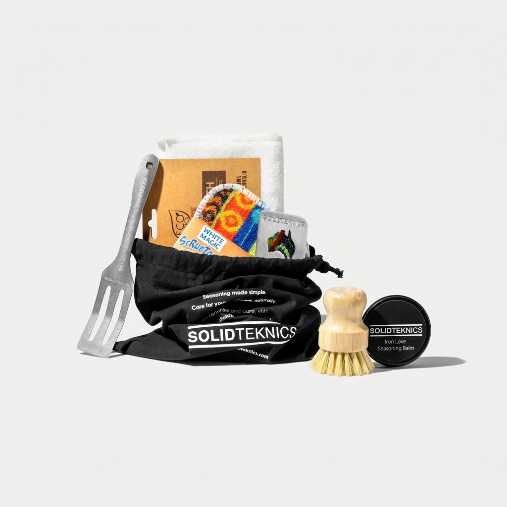 Solidteknics Seasoning, Cleaning & Care Kit — IronLove balm, bamboo pot brush, cloths, scrapers and Lil Flippa in a calico bag